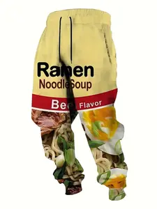 Ramen Noodle Soup Beef Flavor 3D Pattern Printed Comfortable Sports Pants With Drawstring - Quick-Dry Joggers | Polyester Sweatpants with Pockets, Casual Trousers for Running, Outdoor Activities Ideal for Golf, Fishing, Basketball, Camping, Gym, Beach