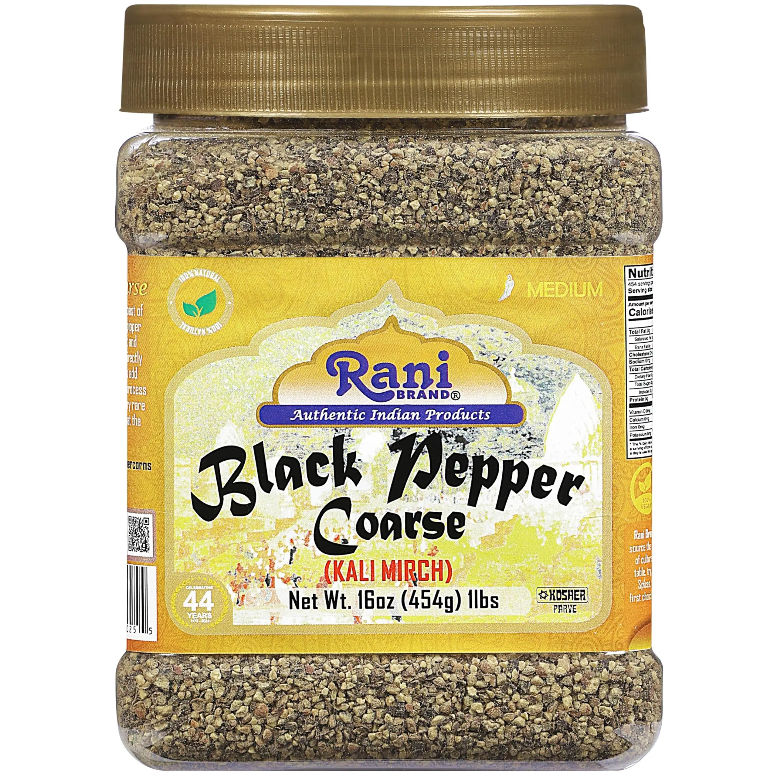 Rani Black Pepper Coarse Ground 28 Mesh (Table Grind), 16oz (1lb) 454g PET Jar ~ All Natural | Vegan | Gluten Friendly | NON-GMO | Kosher