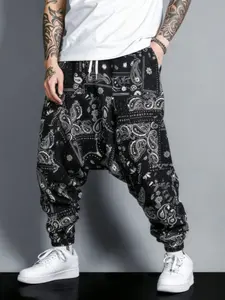 Men's Paisley Bandana Print Black Harem Jogger Pants - Drop Crotch, Drawstring, Loose Baggy Streetwear Hip Hop Trousers, Harem Pants