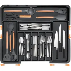Silverware Organizer Expandable Kitchen Utensil Drawer Organizer Large BPA Free Adjustable Cutlery Silverware Tray for Spoons Forks Knives Storage Divider for Kitchen Flatware 6-9 Slots Black
