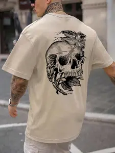 Unisex Halloween Regular Fit Skull & Leaf Print Round Neck Tee, Punk Street Soft Comfy Short Sleeve T-shirt for Daily Wear, Casual Men's Clothes for Summer