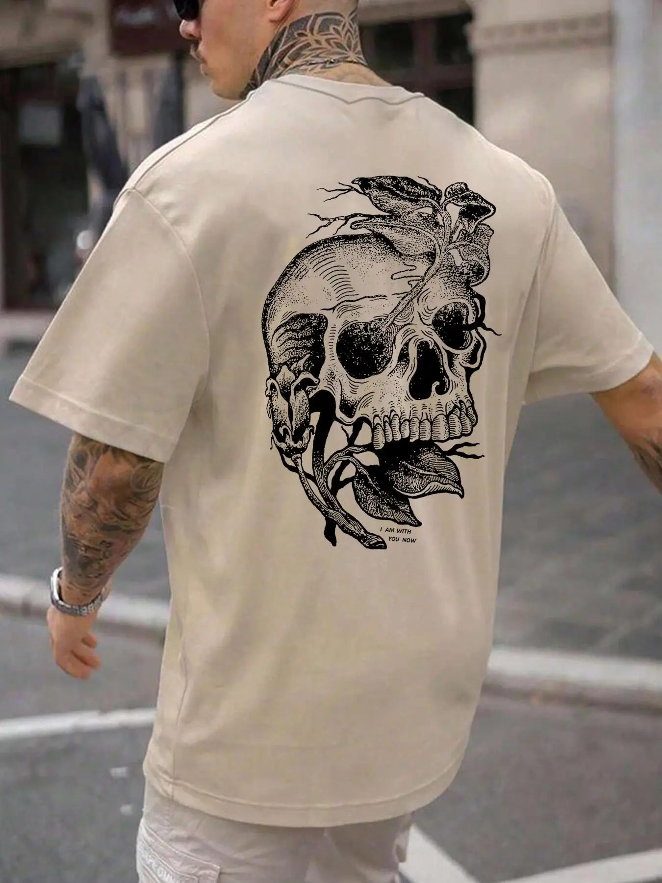 Unisex Halloween Regular Fit Skull & Leaf Print Round Neck Tee, Punk Street Soft Comfy Short Sleeve T-shirt for Daily Wear, Casual Men's Clothes for S