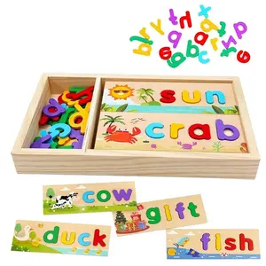 1 set of children's wooden word spelling puzzle toy, baby English letter recognition and spelling learning tool, letter recognition + word matching and spelling preschool educational toy (with wooden box & letter cards). The best gift choice for holidays