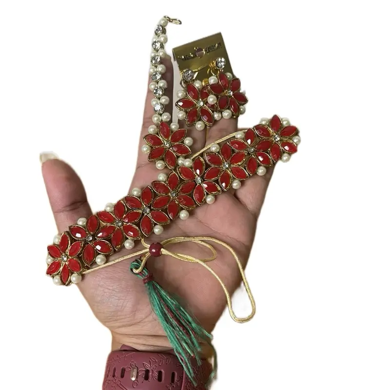 Folk Jewelry Sets - Women's 3-Piece Traditional Indian Nepali Costume Jewelry, Including Choker, Matching Earrings and Bindi, Red Floral Design with Pearl Accents