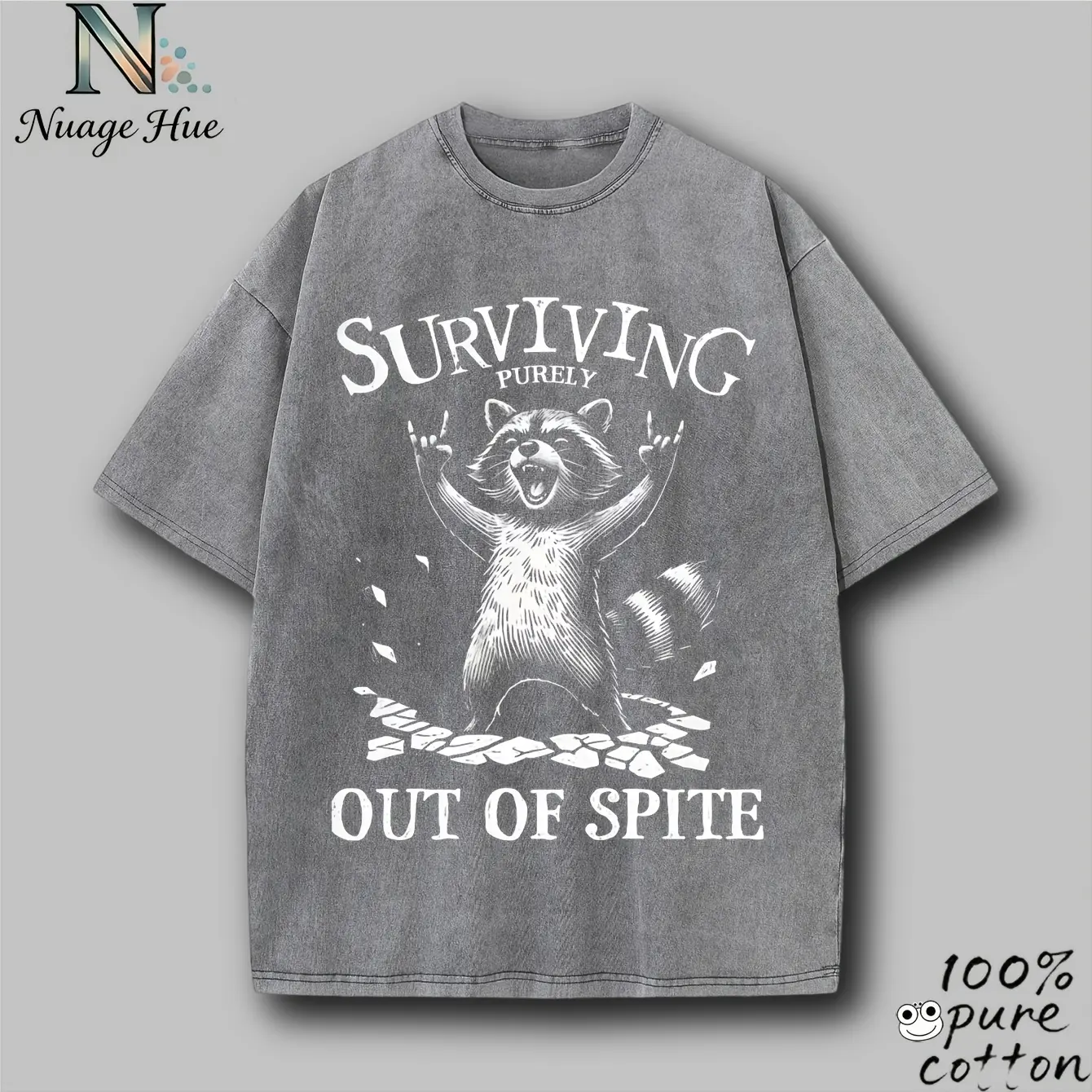 Unisex Mineral Washed Oversized 100% Pure Cotton Raccoon "Surviving Purely Out of Spite" Graphic T-Shirt, Retro Sports Top for Raccoon Meme Fans, All Seasons Daily Commute & Girlfriends' Group Photos Gift, Gift For Raccoon Meme Fans