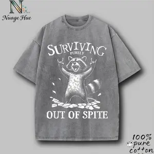 Raccoon "Surviving Purely Out of Spite" Text Graphic – Mineral Washed Oversized 100% Pure Cotton T-Shirt, Unisex Retro Shirt Gift for Raccoon Meme Fans
