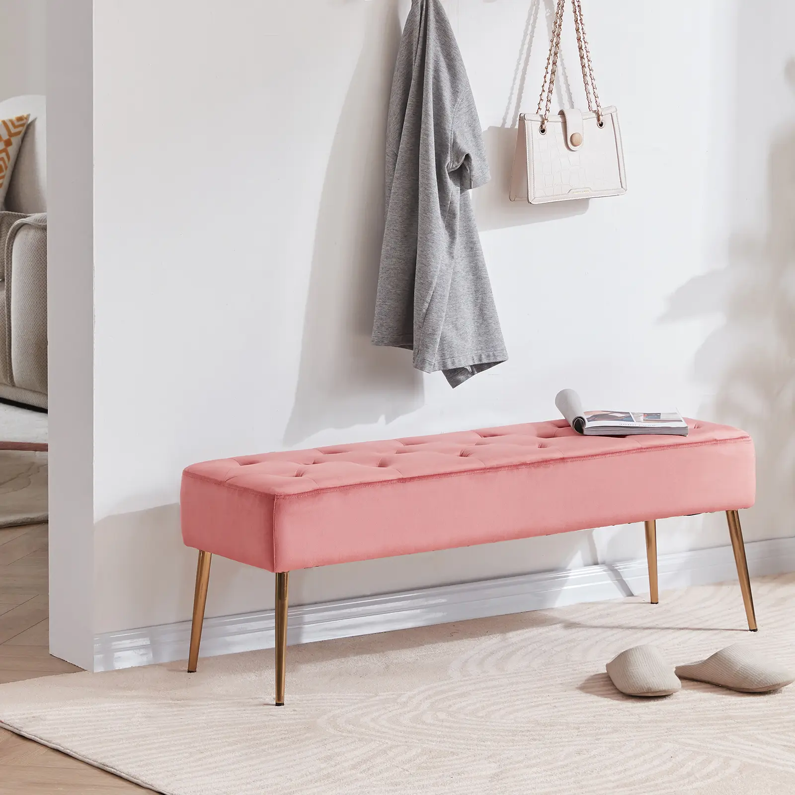 Velvet Tufted Bench with Gold Legs  Modern Upholstered Entryway  Bedroom Seating 46 Wide