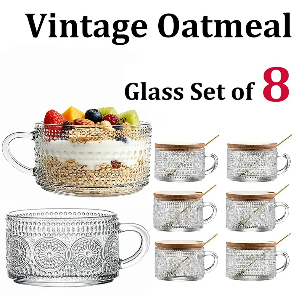 14oz Round Waterdrop Texture Retro Coffee Cup Set (8 Pcs) with non-slip handle, iron small spoon and bamboo lid, ready coffee cup, yogurt dessert cup, office portable drink set, pure handmade glassware #Summer fresh vibe