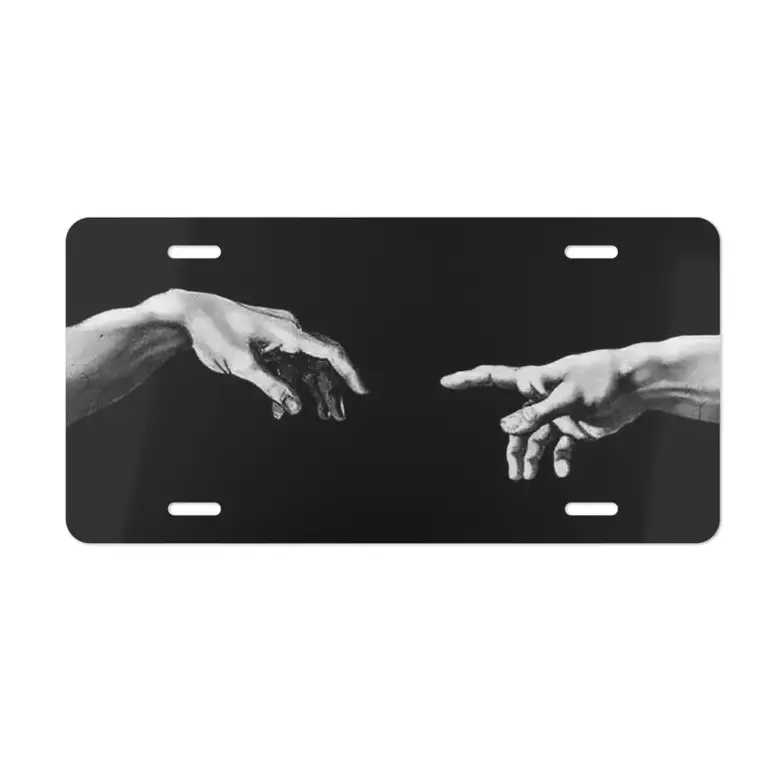 [Classic Art Style] Michelangelo Hands Monochrome License Plate, Aluminum Metal Vanity Car Tag, Brushed Metal Front License Plate, Renaissance Art Auto Decor, Gift for Art Lovers