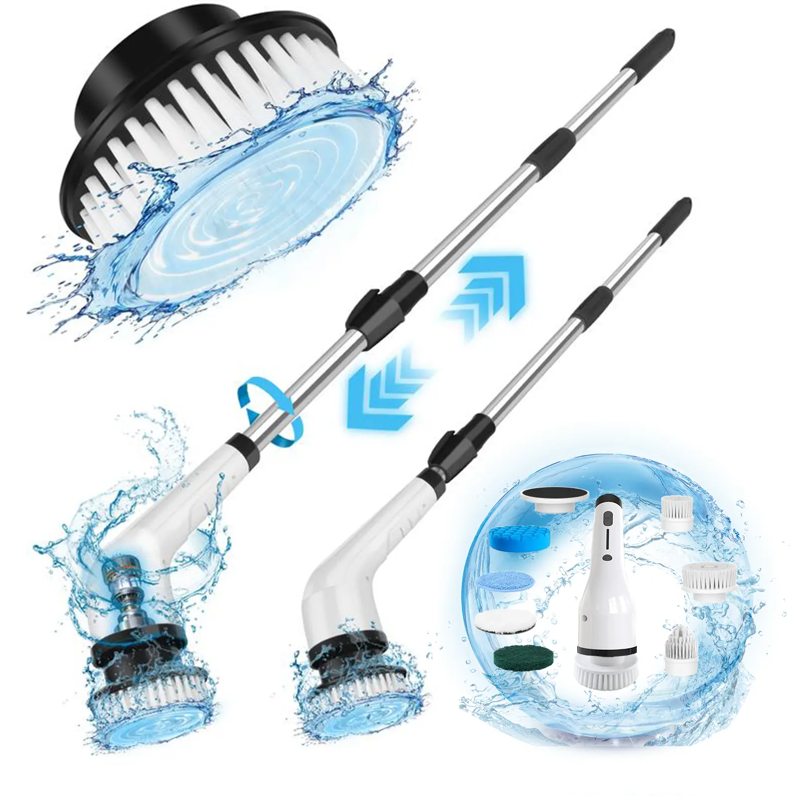 Cordless Electric Spin Scrubber - IPX7 Full-Body Waterproof Bathroom Cleaning Brush with Handle, 8 Replaceable Heads, 3 Adjustable Extension Rods, 2-Speed, Tools and Gadgets for Household Items, Kitchen Household Products, Cool Gadgets, Cordless Freedom