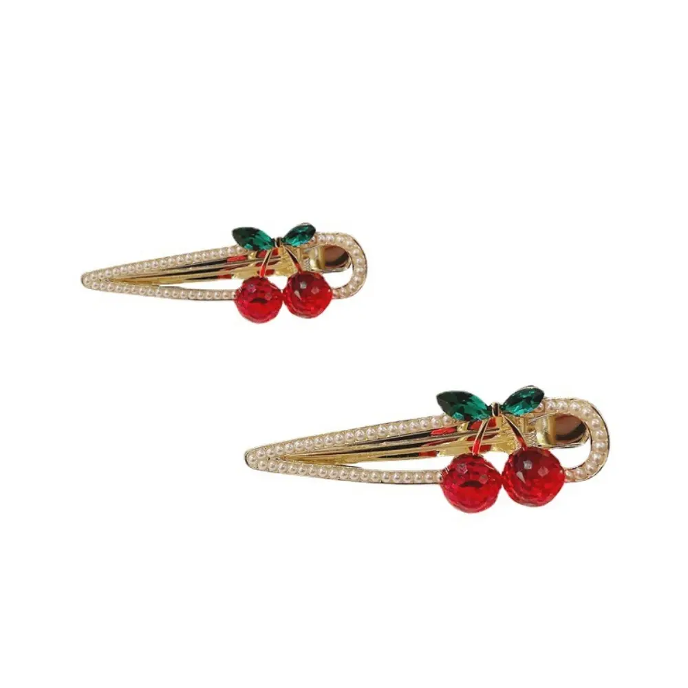 Women's 2-Pcs Cherry Rhinestone Faux Pearl Hair Clips Set, Indoor Recreation Cute Side Bangs Hairpins, Fashion Hair Accessories for Daily & Party Use (2026 New)