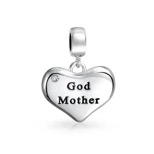 Sterling Silver White Crystal Accent Word Heart Shape God Mother Dangle Charm Bead for Bracelet