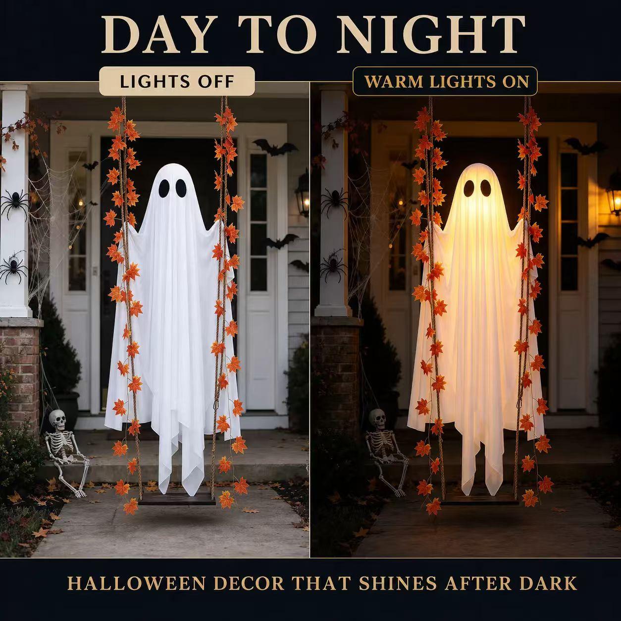 LED Light-Up Swinging Ghost Halloween Decoration with Maple Leaf Garland & Remote Control, Hanging Outdoor Decor for Yd, Porch & Party, Halloween Decorations Outdoor, Party Lighting Decoration