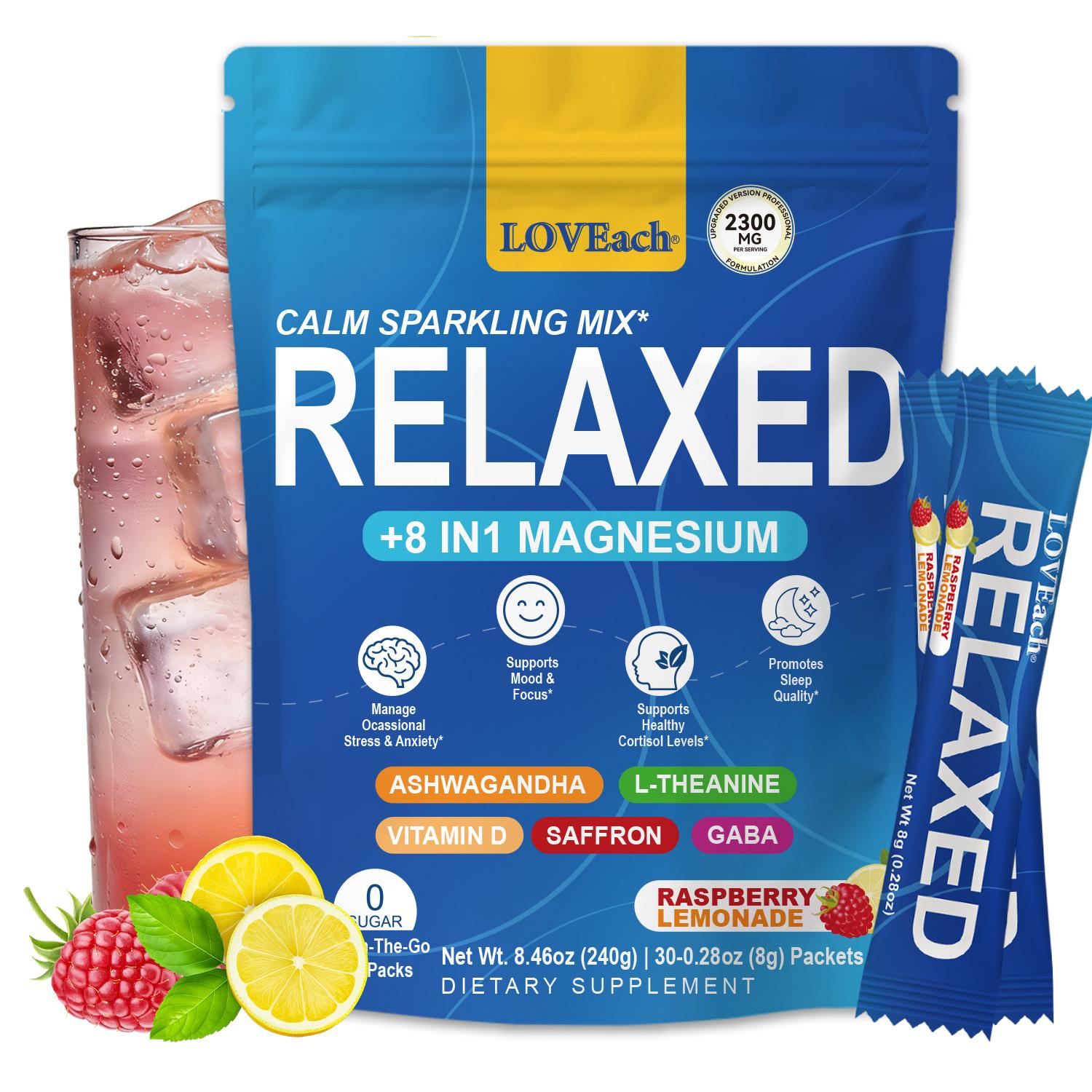 MagicRelaxed Calming Sparking Mix with 8-in-1 Magnesium complex KSM-66 Ashwagandha Saffron Vitamin D3 GABA & L-Theanine Supports Cortisol Balance Mood Sleep 30 Servings No Sugar Non GMO Raspberry Lemonade Flavor Free gift mixing spoon, Dietary, Natural, E