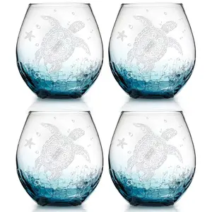Physkoa Sea Turtle Stemless Wine Glasses Set of 4 - Crackle Teal Design Turtle Wine Glasses - Drinkware