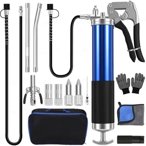 Heavy Duty Grease Gun Kit, 8000 PSI Pistol Grip Grease Gun, 14 oz Capacity, Includes case, 11&18 Inch Resin Flex Hose, 2 Basic Coupler, 1 Double Handle Coupler and more accessories for grease uses