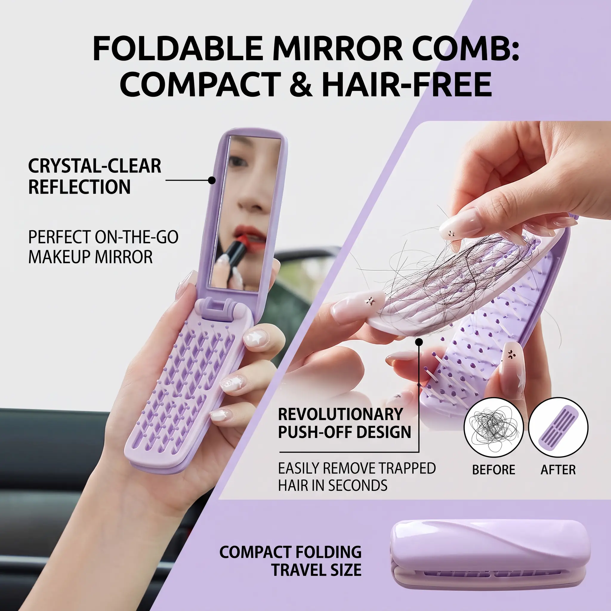 Folding Travel Hairbrush With Mirror - Compact Plastic Self Cleaning Detangling For On The Go Practical Grooming Gift For Women