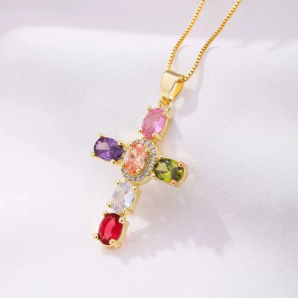 Colorful Zircon Cross Pendant Necklace | Women’s Gold-Plated Y2K Retro Layering Jewelry, Sparkling Party Gift, Lightweight Fashion Accessory for Women