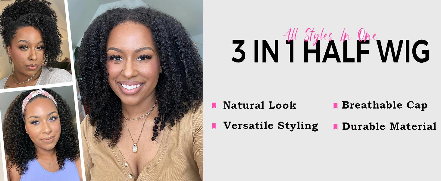 [All Styles In One]Tuneful 3 In 1 Kinky Curly Half Wig Human Hair 180% Density Ready Go Glueless Wigs Human Hair 20 Inch Curly Wigs for Women Drawstring Seamless Flip Headband Wig Beginner Friendly