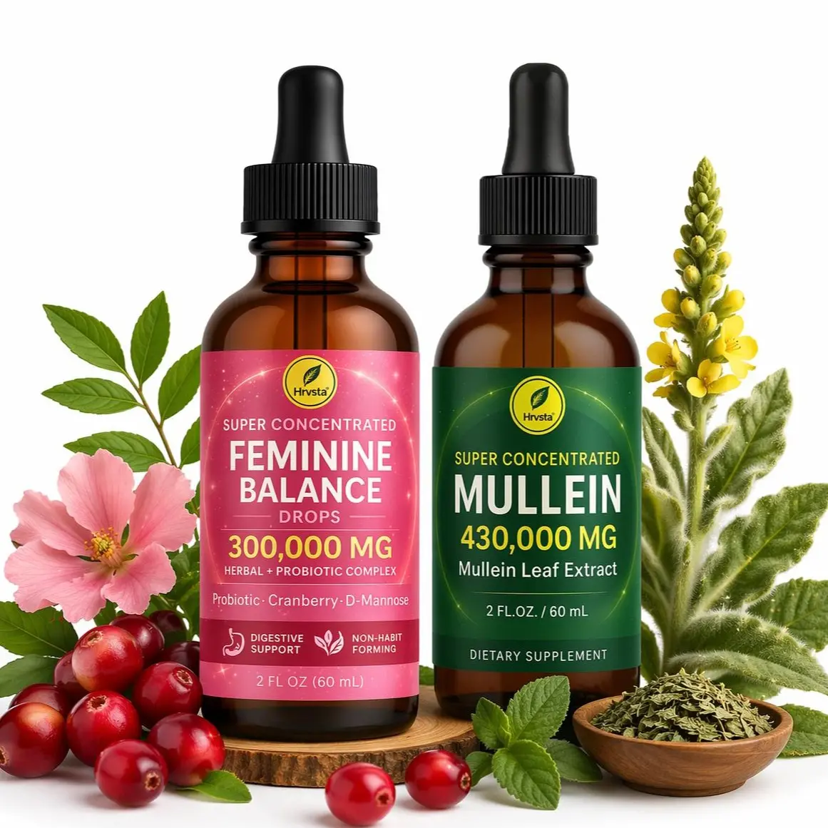 Women's Natural Botanical Dietary Supplement Drops Combo - Mullein Liquid Extract for Mullein Lung Detox, Daily Wellness and Feminine Balance