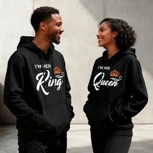 Couple Hoodies Valentine-Ready "I’m Her King & I’m His Queen" Couples Graphic, Romantic Matching Style, Perfect for Autumn & Winter, Ideal for Dating Outings & Anniversary Celebrations
