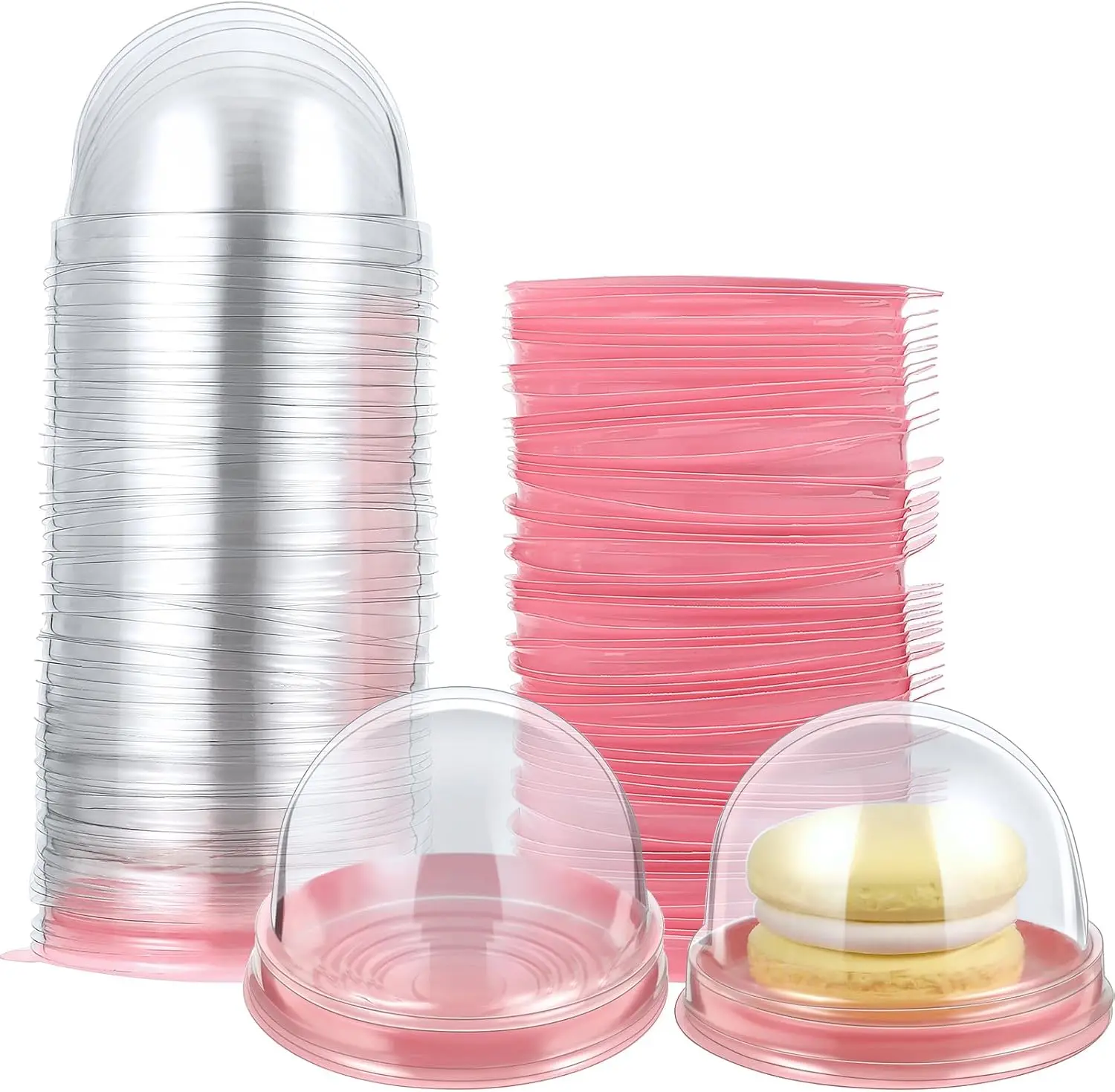 100pcs Single‑Serve Round Clear Plastic Pastry Boxes with Pink Base, Mini Dome To‑Go Containers for Handmade Mooncake, Macaron, Yolk Pastry & Party Dessert Packaging