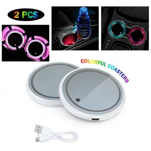 2PCS Colorful Car Cup Holder Coasters,Waterproof LED Light Cup Mat,USB Rechargeable,Ideal for Car Interior Decoration