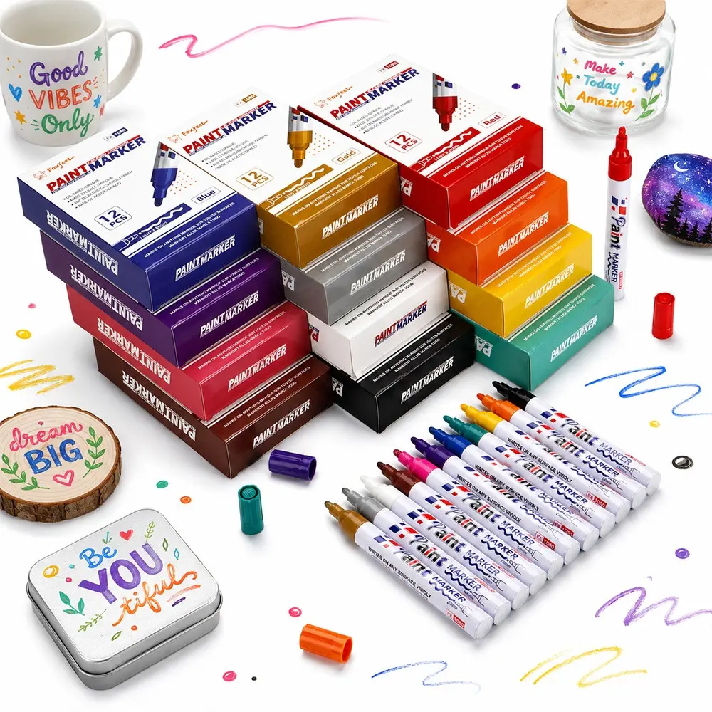 Foxfeel Oil-Based Paint Pen, 2.8mm Wide Tip, Vibrant Colors, Low Odor, Waterproof, Fade-Resistant, 12 Colors, DIY Art Supplies