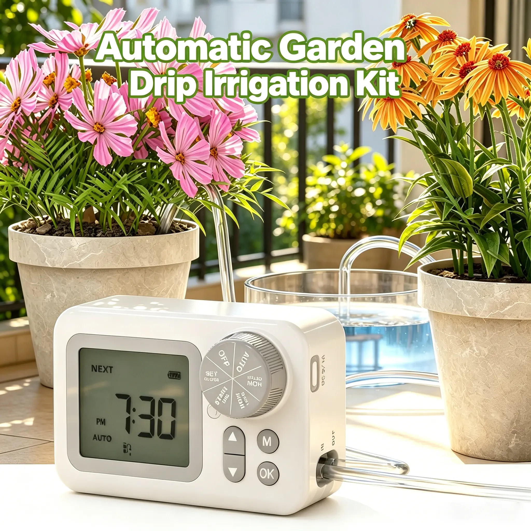Automatic Garden Drip Irrigation Kit, Indoor Plant Watering Kit with LCD Display, Timed Watering Controller for Potted Plants, Balcony, Office, Garden