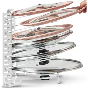 Free-Standing Adjustable Pot Lid Organizer for Cabinet - Kitchen Storage Rack 6 Adjustable Shelves, Pot Lid Holder, Pan and Pot Rack Organizer, Pantry & Inside Cabinet Organizer (13” Clearance)