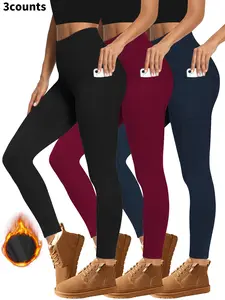 Women's Solid High Waist Pocket Thermal Lined Athletic Sportswear Activewear Leggings, Casual Comfy Warm Fitted Skinny Pants for Yoga, Ladies Bottoms for Fall & Winter