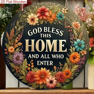 Wooden Welcome Sign Art, Round God Bless This Home and All Who Enter, Floral Wreath Design for Front Door, Porch & Entryway Decor