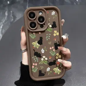 Black Cat Garden Pattern Phone Case for iPhone 17 Pro Max Plus Air/16 E 15 14 Pro Max 13 12 11 XS Plus Shockproof Drop Protection Rugged Durable Silicone Cover