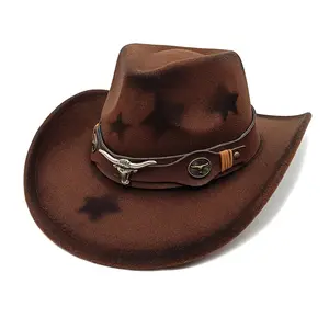 Retro Western Cowboy Hat Felt Wide Brim Rolled Brim Vintage Cowgirl Ranch Rodeo Party Hat