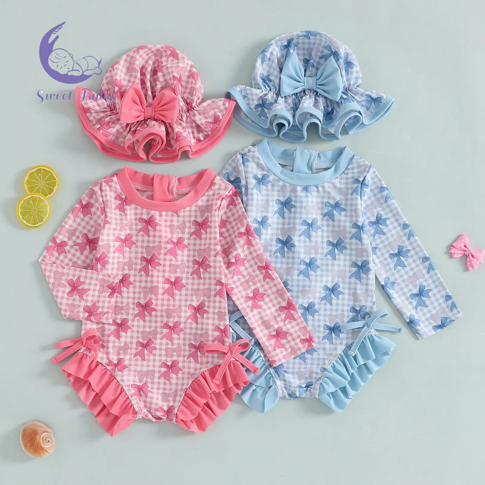 Baby Girl Rash Guard Swimsuit Long Sleeve Bow Plaid Print Bathing Suit Infant Swimwear with Sun Hat Clothes Clothing Top Clothes baby stuff clearance