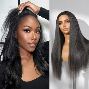 3 In 1 Yaki Straight Half Wig Human Hair No Lace Yaki Straight Flexi-Fit Invisi Flip Over Drawstring Wig Glueless Wigs 100% Human Hair Natural Black Ready to Go Headband Wig for Women