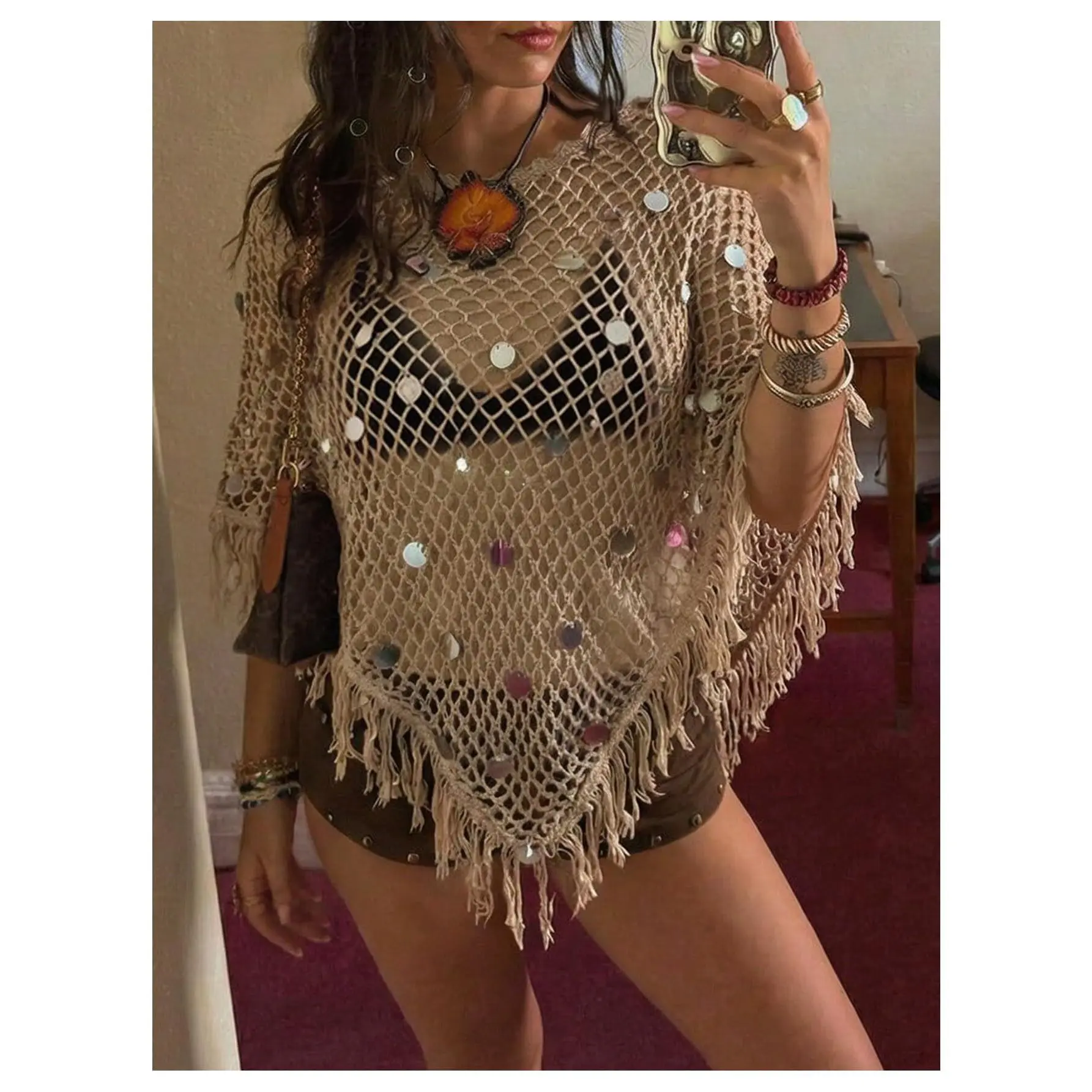 DealsForYouDays Fringe Sequin Off The Shoulder Top Sheer Poncho Crochet Hollow Out Crop Tops Beach Coverup