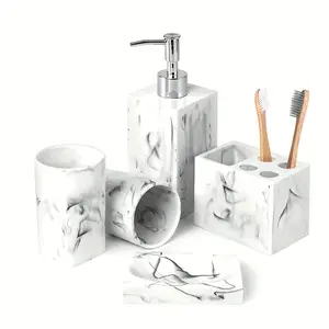 New Bathroom Accessories Set 5 Pcs Marble Look Sets Soap Dispenser & Toothbrush Holder Counter Top Restroom Apartment Decor Stuff Resin Kits Gift For Women And Men Ink White