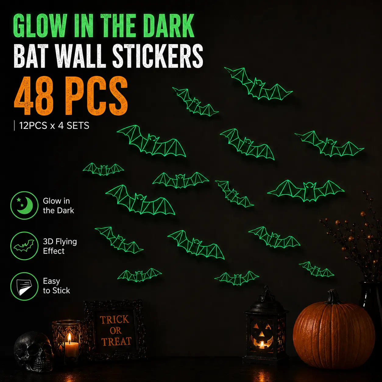48PCS Decorative Glow-in-the-Dark Bats Wall Stickers Set - Waterproof, Removable, Light-Absorbing 3D Flying Bat Decals for Halloween Home, Party Indoor Decorations