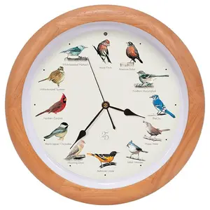 Singing Bird Wall Clock 13 Inch Oak Wood Style with 12 Bird Sounds Smart Light Sensor Battery Operated Nature Decor
