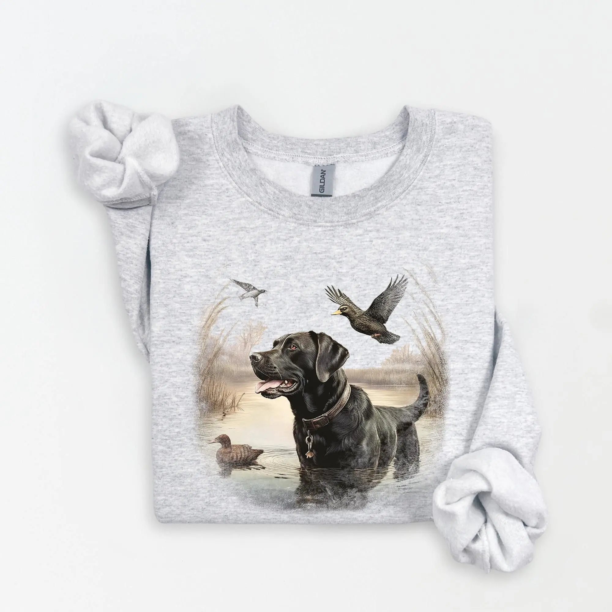 Retro Black Lab Mallard Ducks Sweatshirt, T-Shirt & Hoodie - Nineties 90s Vintage Labrador Retriever Hunting, Duck Outfit, Boho Unisex Crewneck Classic Cotton