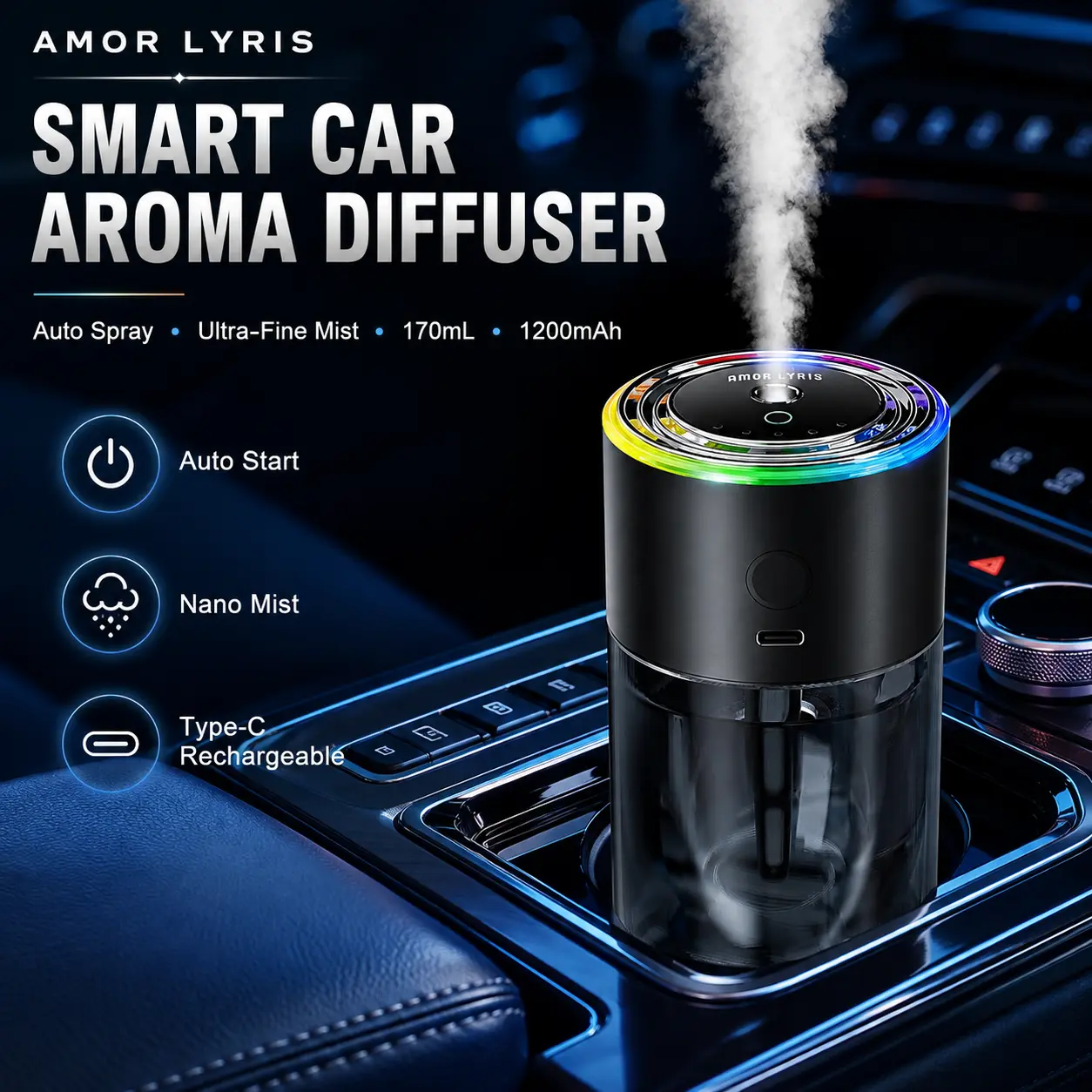 RGB Smart Ultrasonic Mist Diffuser - Car Interior Cars Accessories, Rechargeable Color Changing Ambient Light, 5-Level Fragrance & Odor Control, Automatic On/Off, Multi-Mode, USB Plug-In Battery-Powered