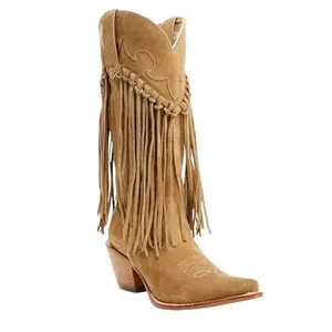 Women's High Fringe Western Boots with Braided Design Comfortable Walking Shoes for Stylish Outfits Tan Suede Material