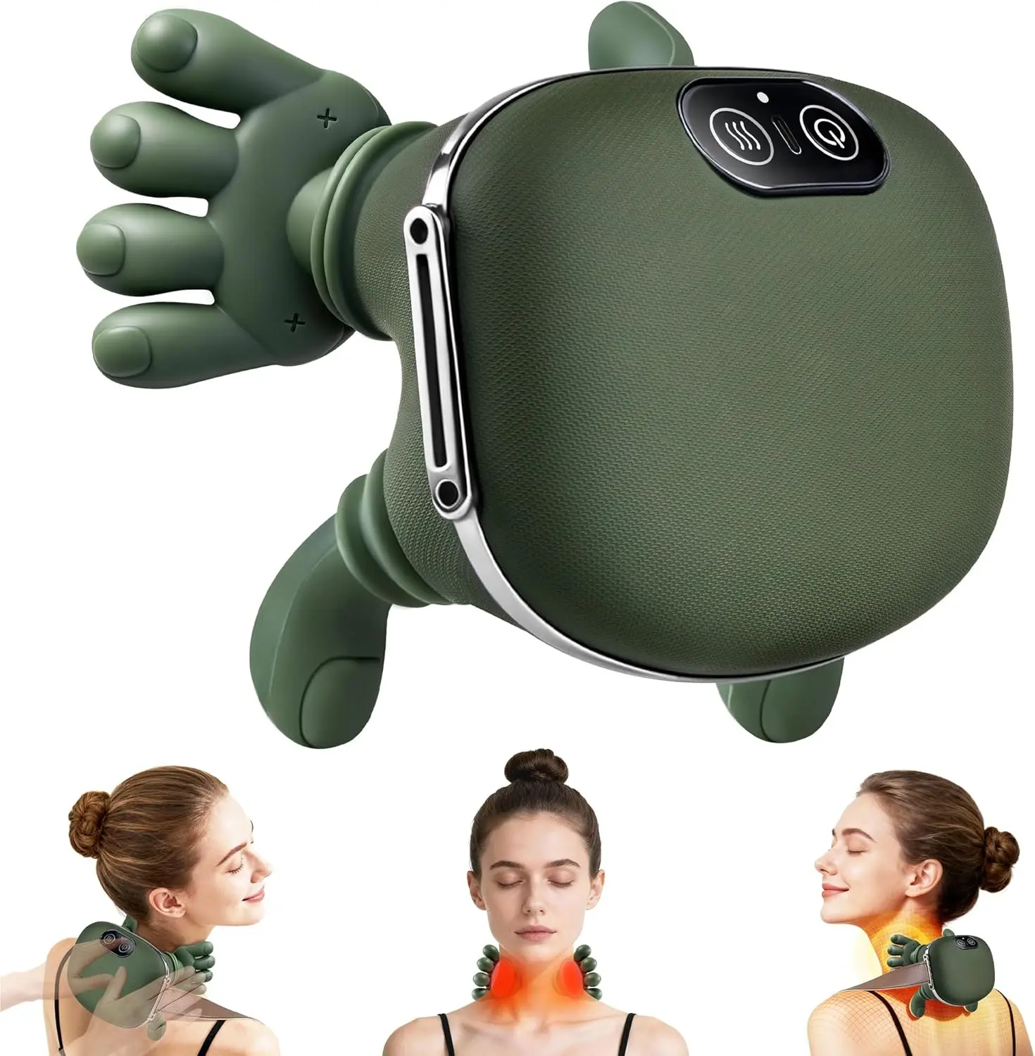 Bionic Heated Massager, Portable Shiatsu Neck and Back Massager, Electric Deep Tissue 4D Kneading Massage, Simulated Human Hand Design for Pain Relief and Muscle Relax (Green)