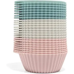 Reusable BPA Free Silicone Baking Cups Muffin Liners for Cupcakes Regular Size 24 Pack Pink Gray Blue