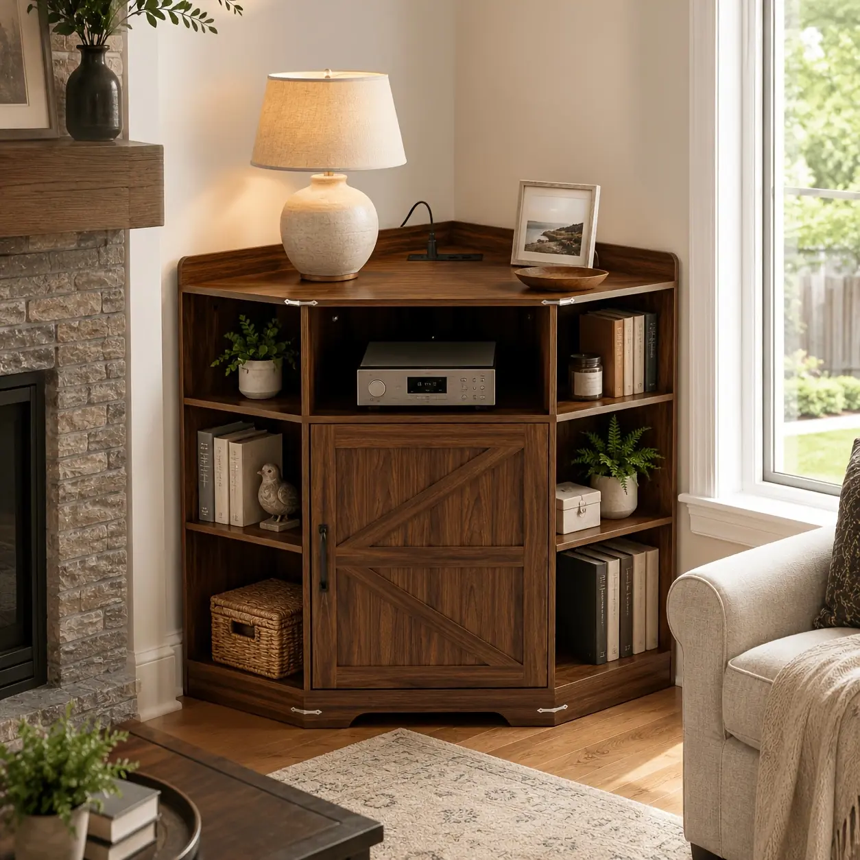 Wooden Corner Storage Cabinet with Barn Door, 6-Cubby Corner Shelf Organizer, 3-Tier Space-Saving Storage Cabinet for Living Room, Bedroom & Home Office