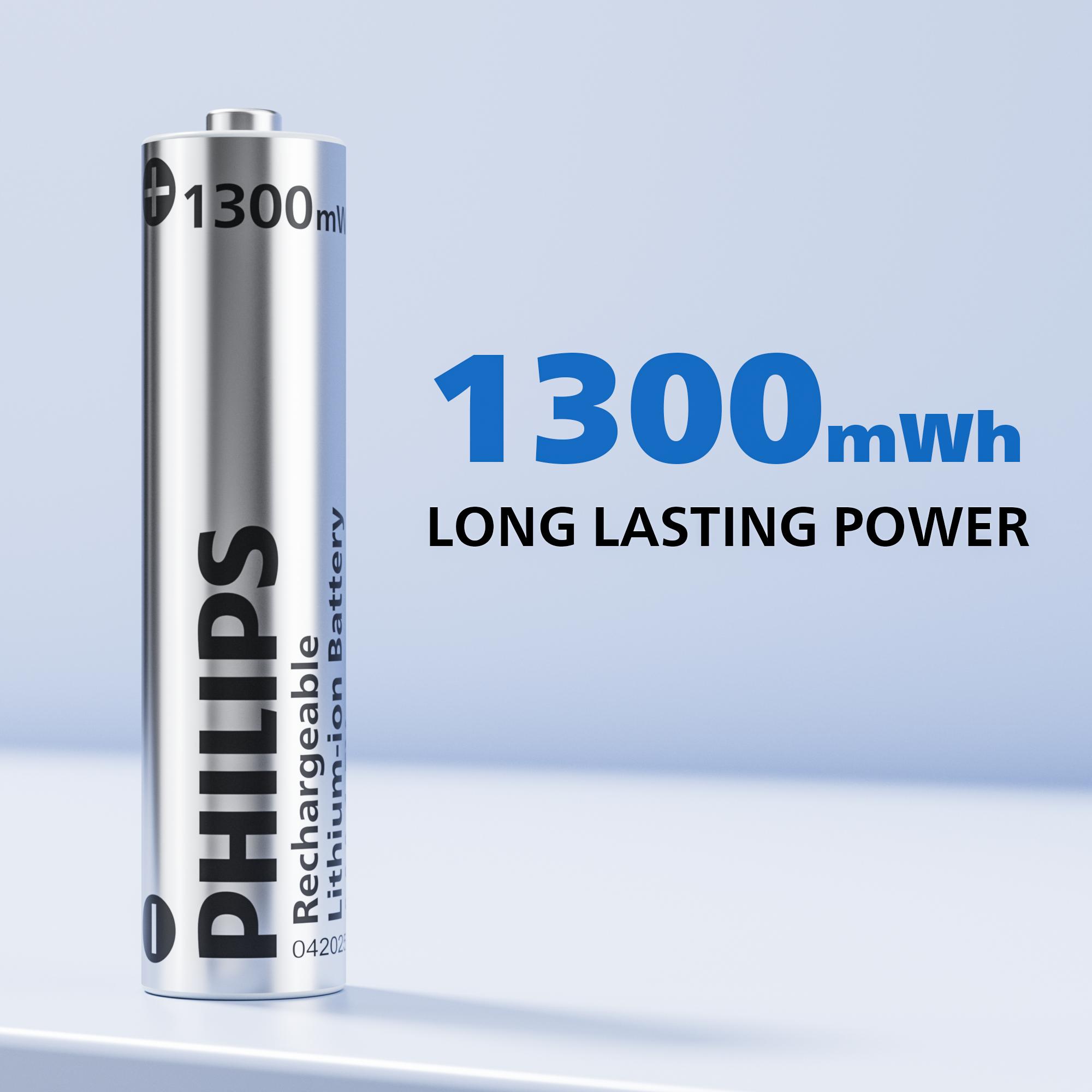 Philips Rechargeable AAA Lithium Ion Batteries - 1300mWh 1.5V Constant Output Li-ion Cells, 1200 Cycles Long-Lasting Power for Alarm Clock, Children's Toys, Lithium Ion Battery