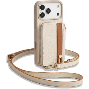 for iPhone 17 Pro Max Wallet Case with Card Holder, Crossbody Case with Kickstand Wrist Strap Cover 6.9 inch Beige