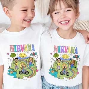 100% Cotton Funny Nirvana Band T Shirt for Boys and Girls, Colorful Cartoon Design With Music Band Members And Nature Scene For Casual Wear,Short Sleeve Round Neck Casual Top,Soft Material