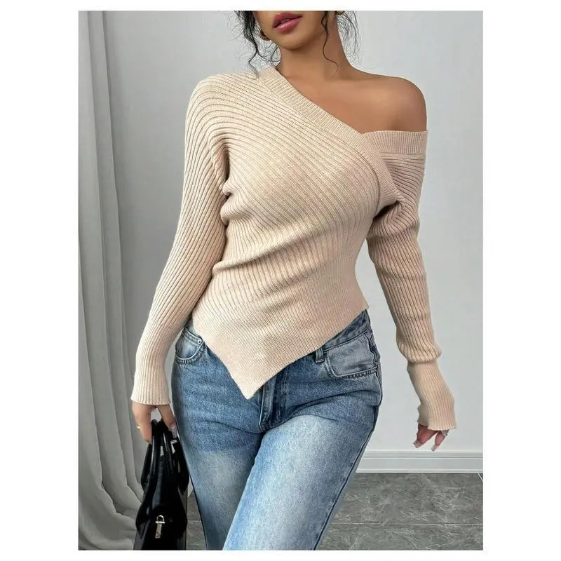 Off Shoulder Soft Stretchy Ribbed Sweater, FITS SMALL, Size Up! Wrap Asymmetrical Elegant Top（gift）Gift